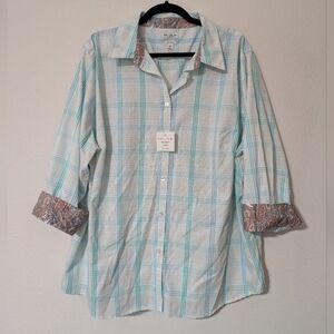 Rebecca Malone Aqua and White Plaid/Paisley Button-Down No Iron Shirt